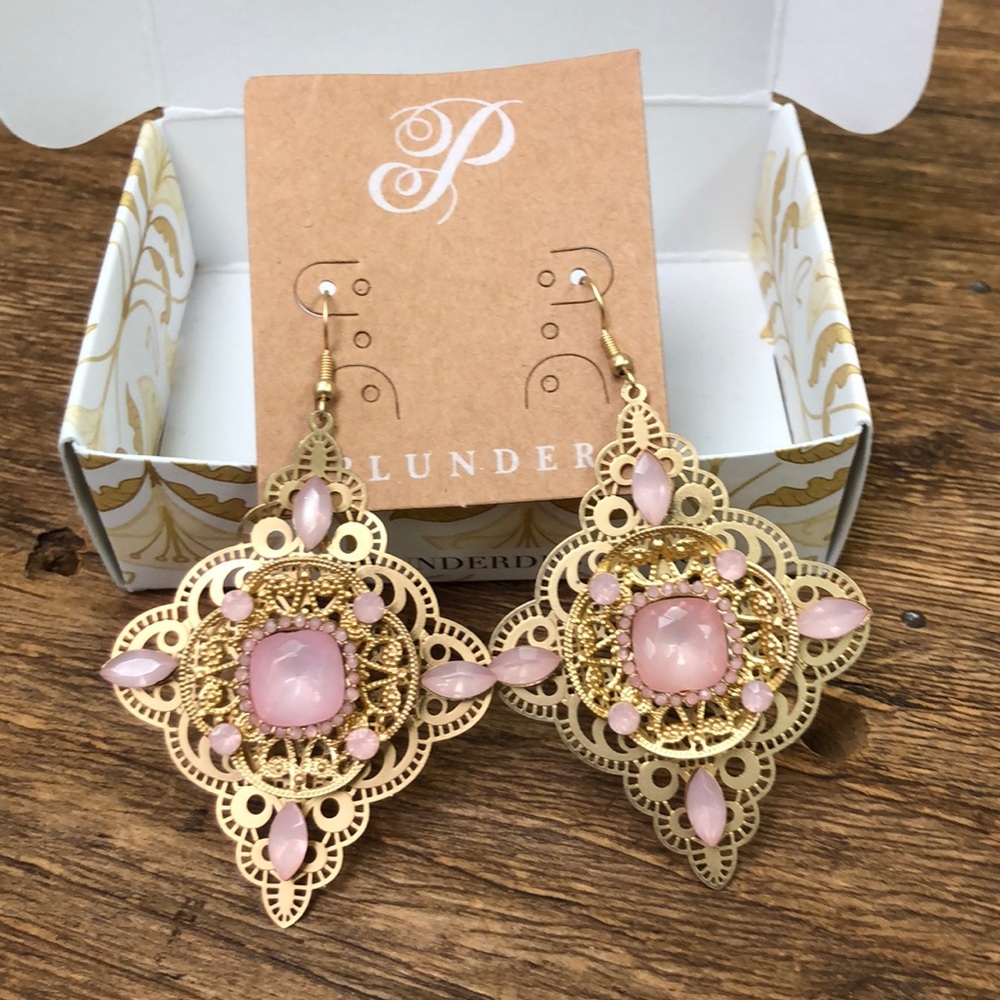 Plunder pink/gold statement earrings, new in box
